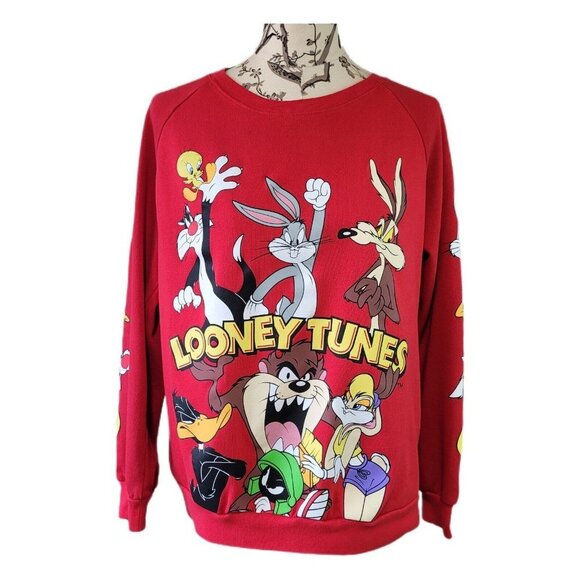 Looney Tunes Youth Large Red Sweatshirt All Characters Sleeve Graphic Crew Neck - Picture 1 of 8